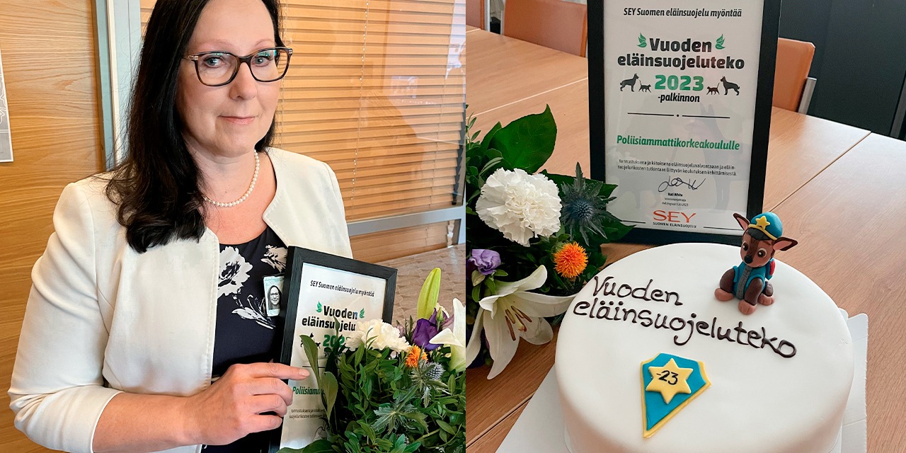 Yliopettaja Satu Rantaeskola vastaanotti Vuoden eläinsuojeluteko -palkintodiplomin.