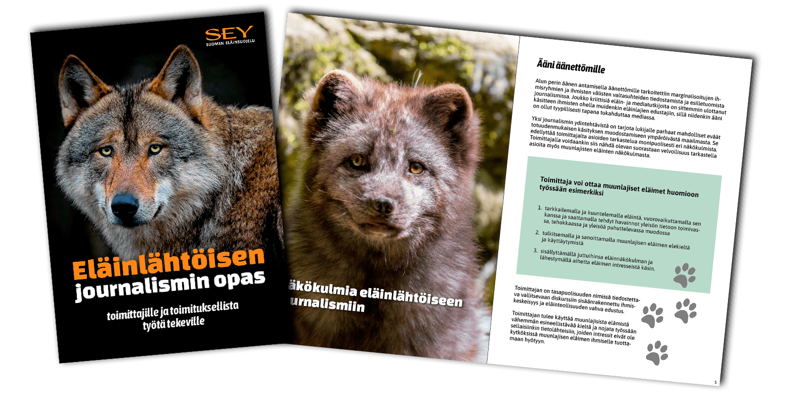 Eläinlähtöisen journalismin oppaan kansi ja malliaukeama