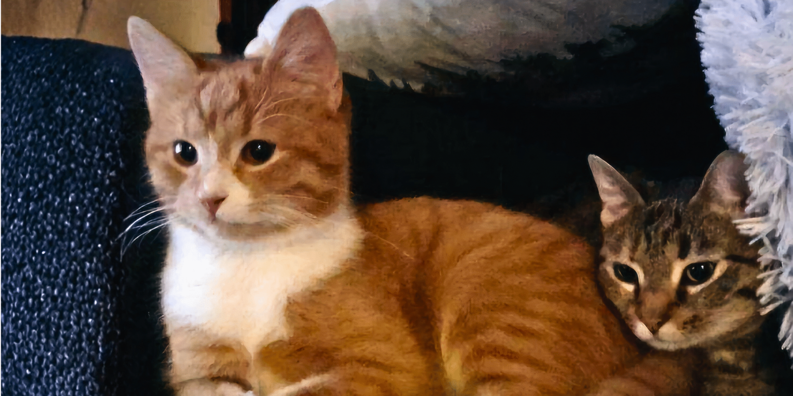 Oranssi ja ruskea kissa makaa sohvalla, molemmat katsovat vasemmalle