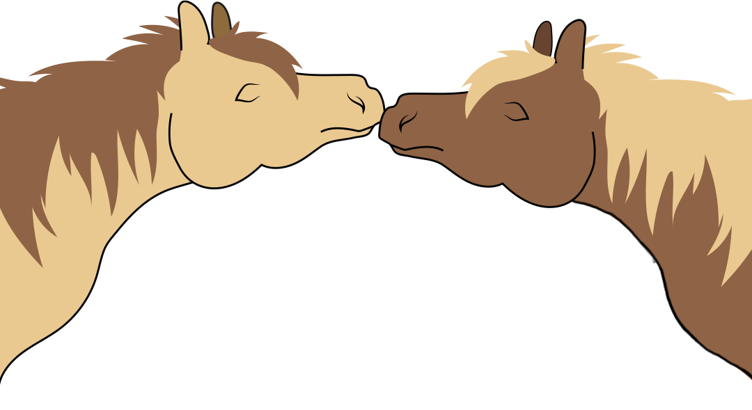 Piirroskuva, jossa kaksi ponia kurottaa turpa edellä toisiaan kohti