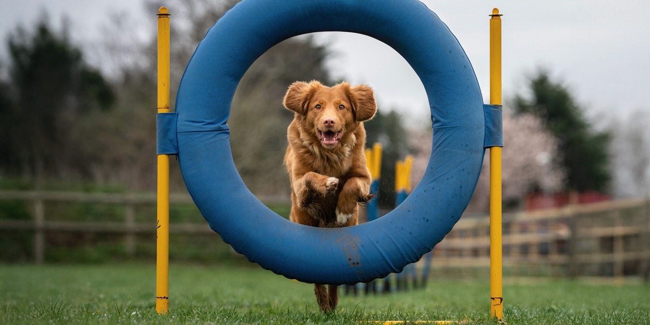 Koira hyppää renkaan läpi agilityradalla.
