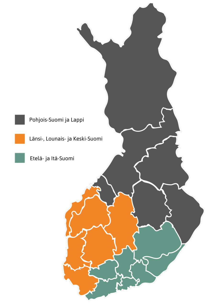 Suomen kartta, jossa maakunnat on merkitty eri väreillä osoittamaan SEY Suomen eläinsuojelun aluevastaavien vastuualueita. 