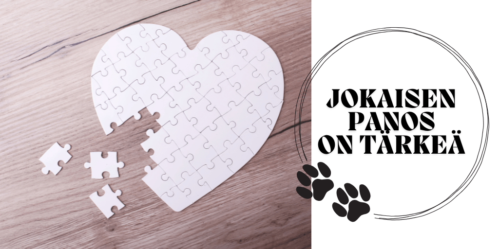 Sysämen muotoinen palapeli pöydällä, josta puuttuu paloja. Teksti: jokaisen panos on tärkeä.